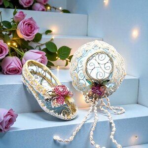Vintage Ivory Lace Shoe & Hat Ornaments Pink Rose Rhinestone French Country Deco